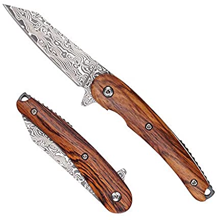 Towerback | Damascus Folding Knife with Walnut Wood Handle | Damascus Pocket Knife with Non-Slip Wood Handle (Dark Brown)