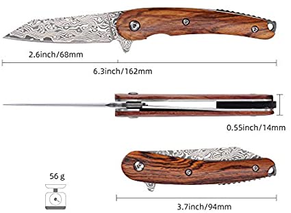 Towerback | Damascus Folding Knife with Walnut Wood Handle | Damascus Pocket Knife with Non-Slip Wood Handle (Dark Brown)