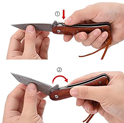 Towerback | Damascus Folding Knife with Walnut Wood Handle | Damascus Pocket Knife with Non-Slip Wood Handle (Dark Brown)