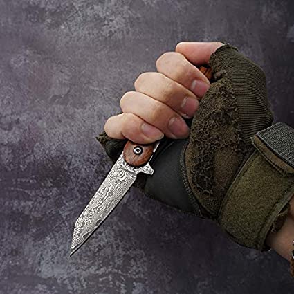 Towerback | Damascus Folding Knife with Walnut Wood Handle | Damascus Pocket Knife with Non-Slip Wood Handle (Dark Brown)