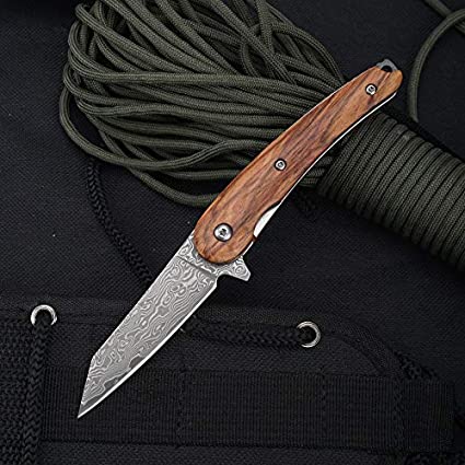 Towerback | Damascus Folding Knife with Walnut Wood Handle | Damascus Pocket Knife with Non-Slip Wood Handle (Dark Brown)