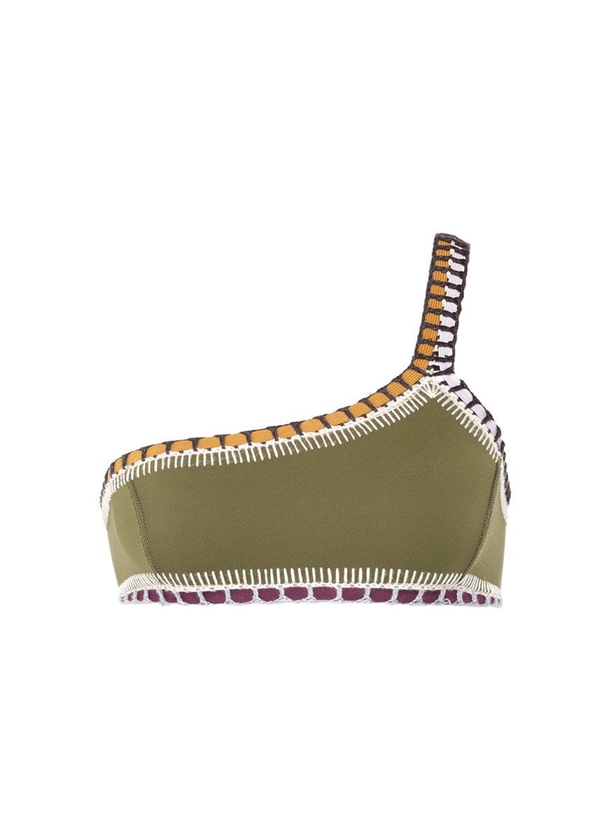 'Wren' crochet trim one-shoulder bikini top - KIINI - Green