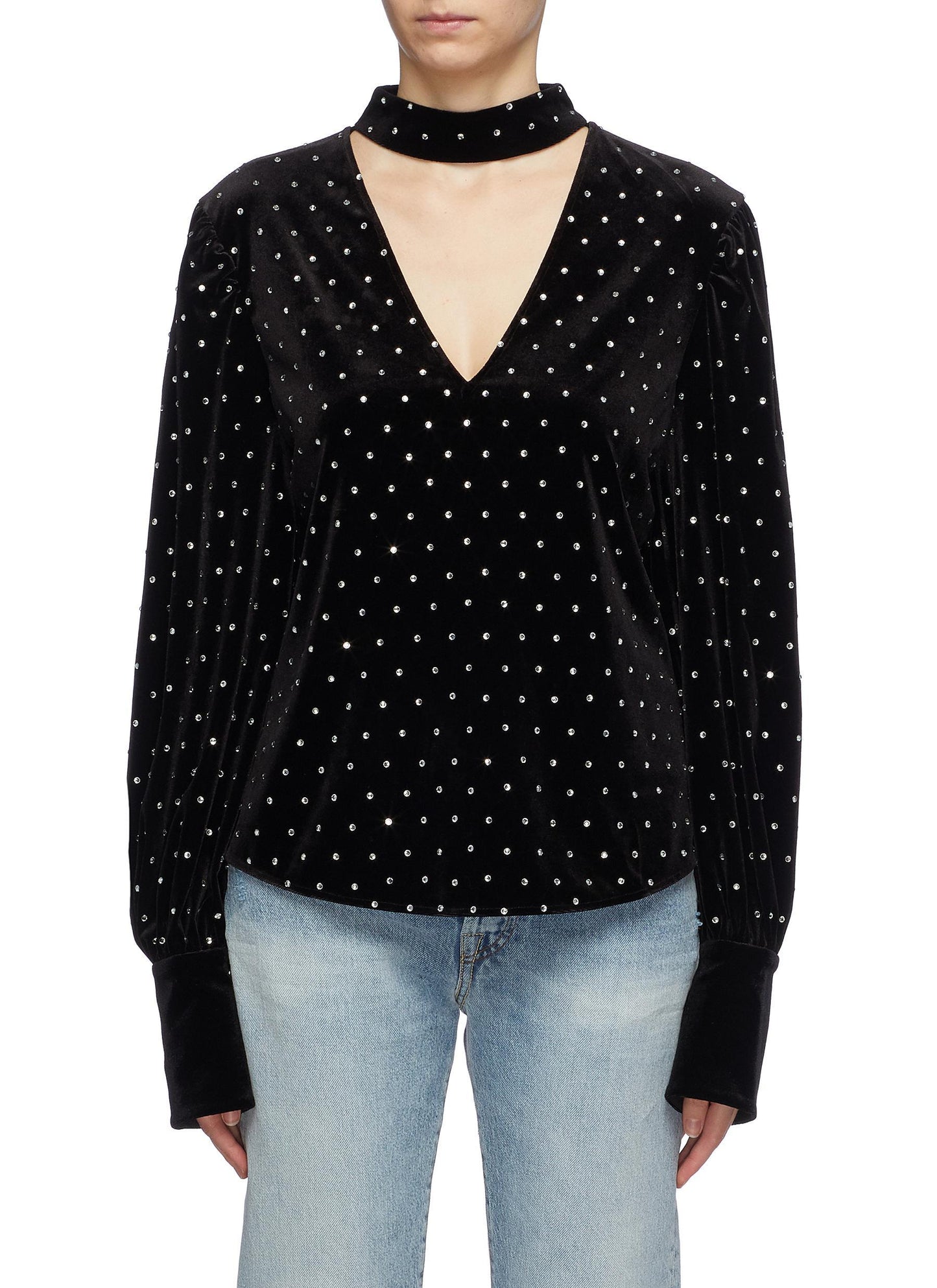 Leikattu V-kaula-aukkoinen samettinen yläosa - omakuva - musta