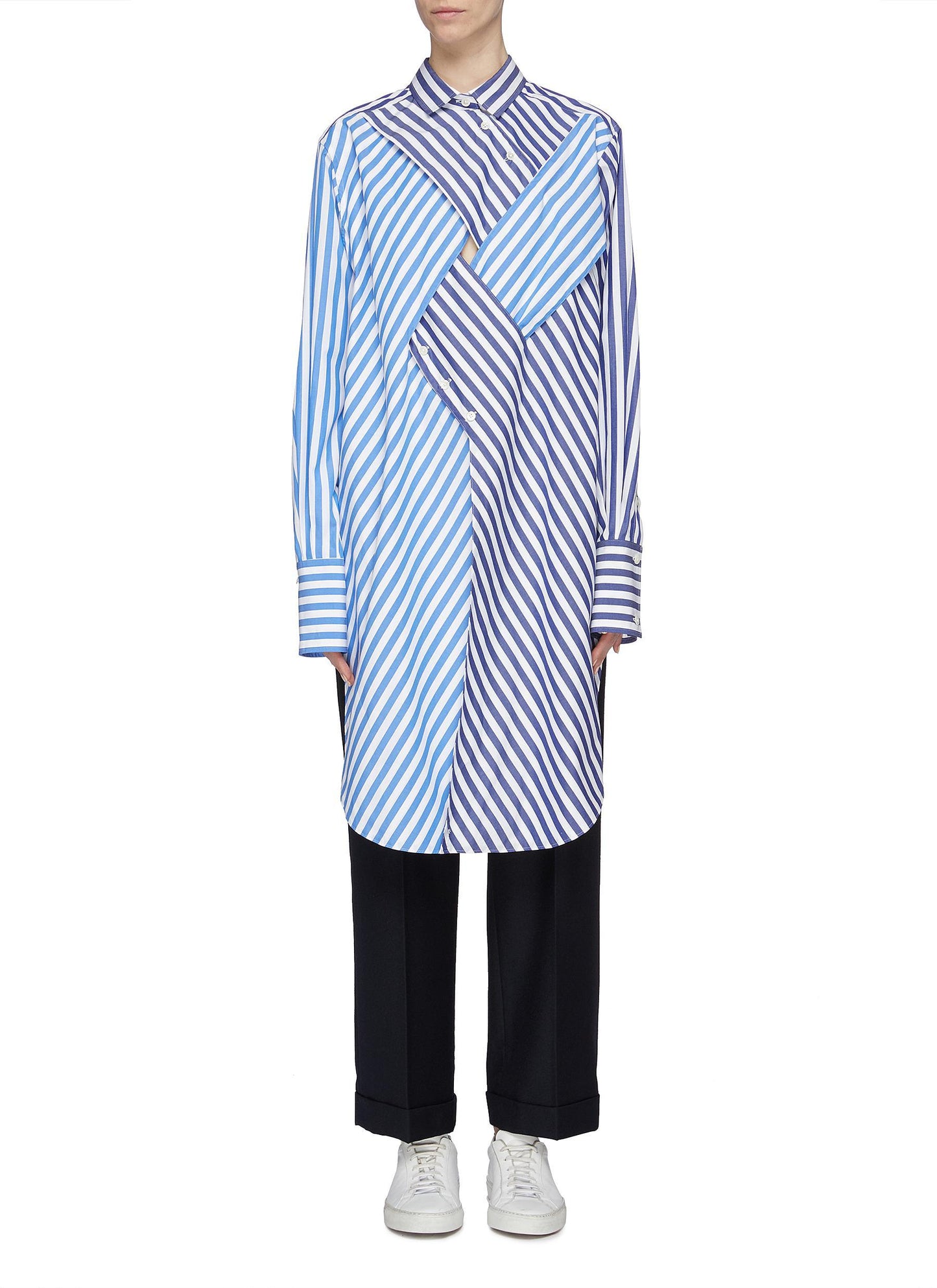 Cutout lattice front stripe high-low shirt - The Keiji - Multi-colour