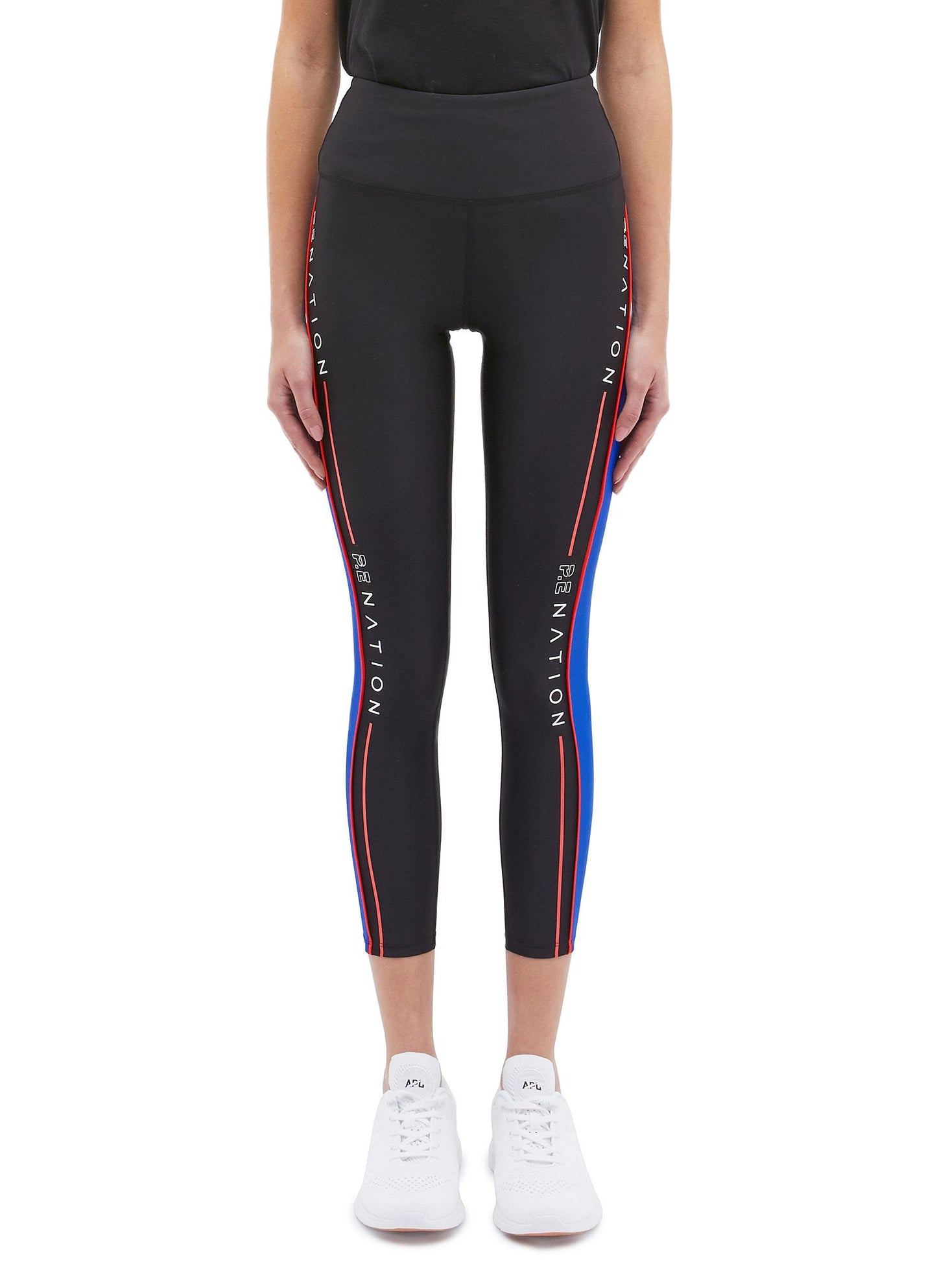 'Three Point' logo stripe outseam cropped performance leggings - P.E Nation - Black