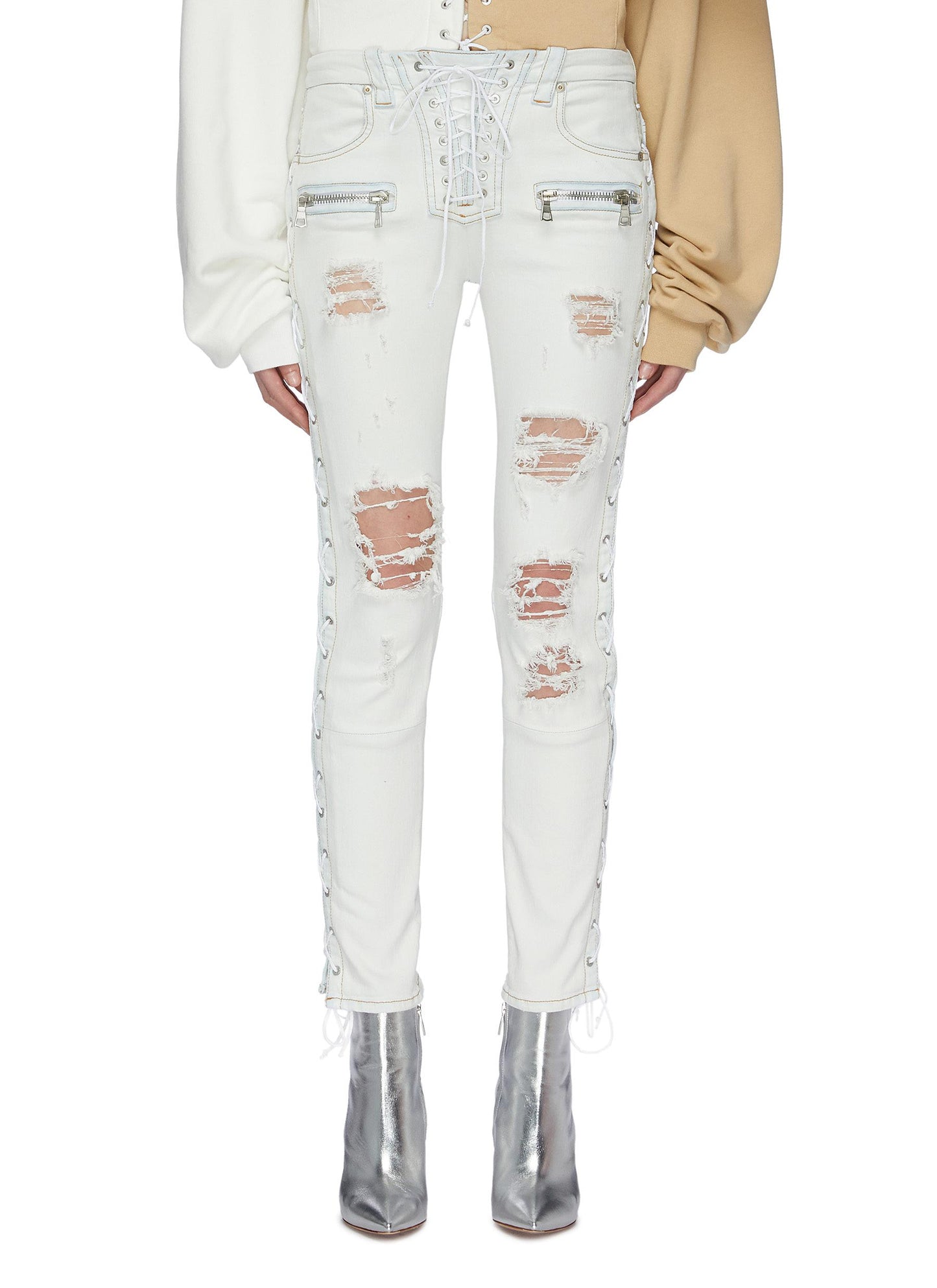 Lace-up outseam ripped skinny jeans - Ben Taverniti Unravel Project - White