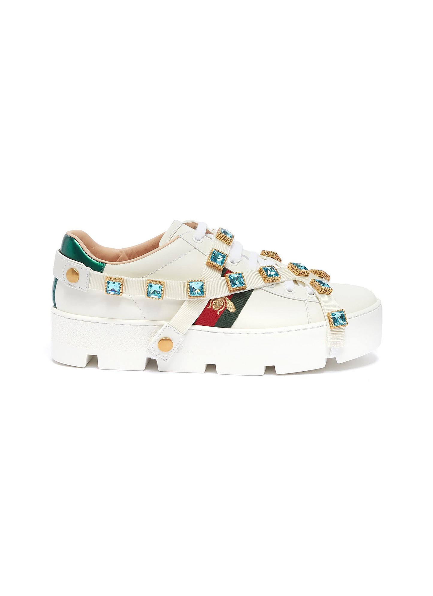 'Ace' glass crystal strap leather flatform sneakers - Gucci - White update