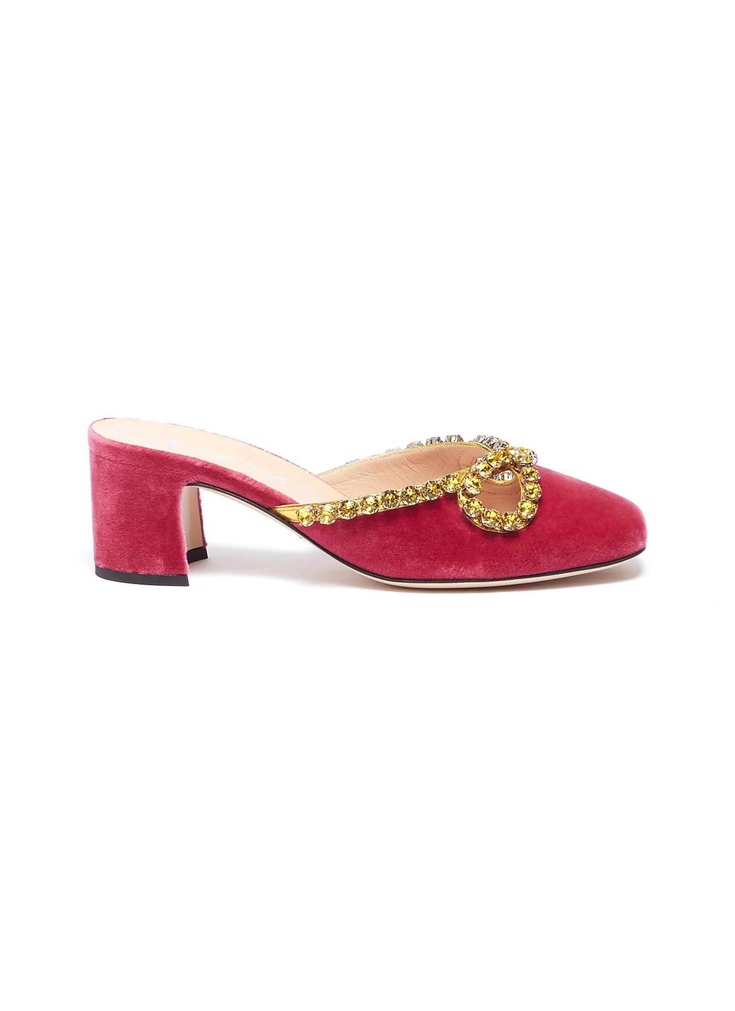 'Zephyra' glass crystal cutout bow velvet mules - Gucci - Pink