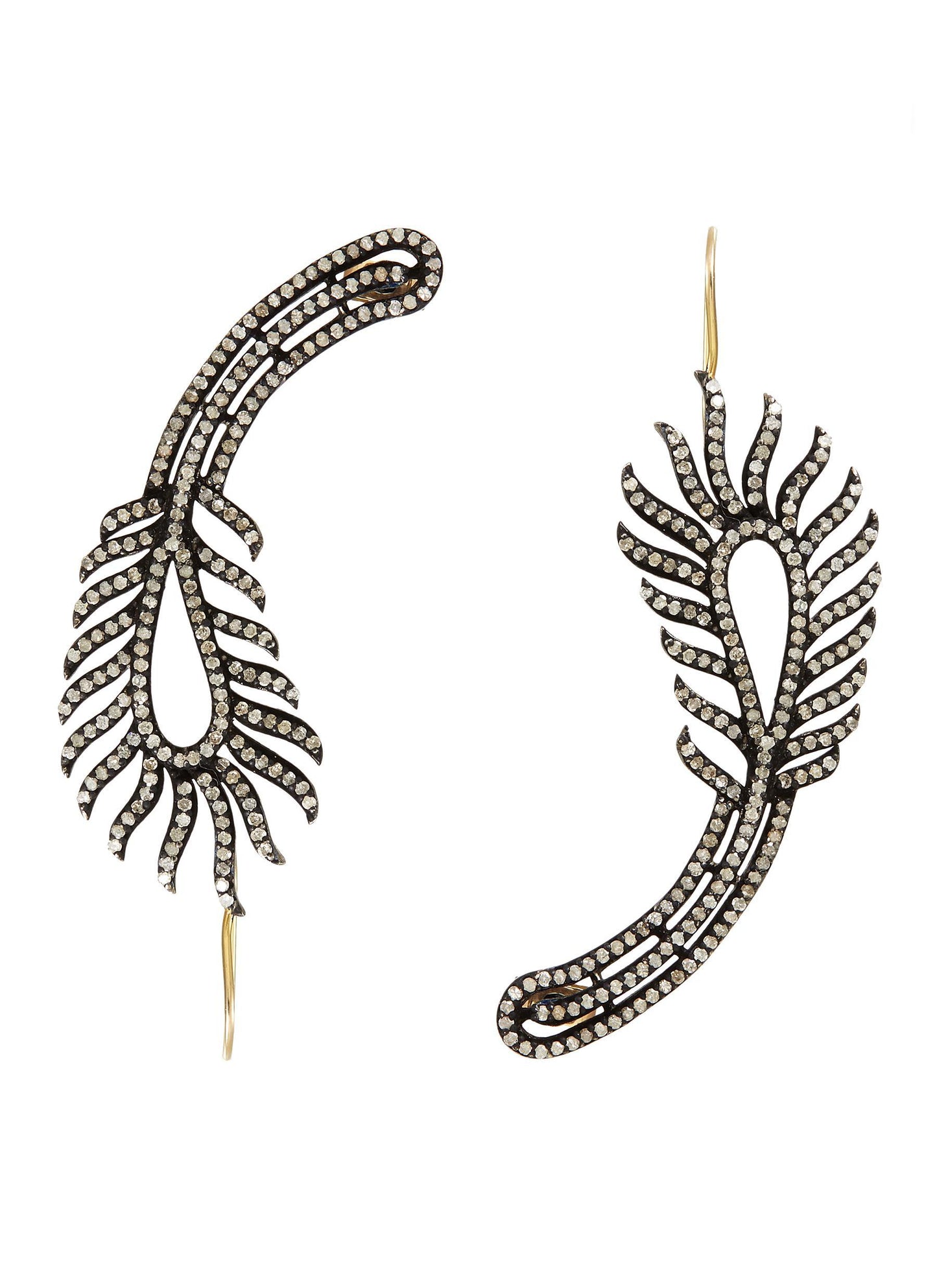 Diamond silver gold alloy mismatched feather drop ear climbers - Aishwarya - Metallic