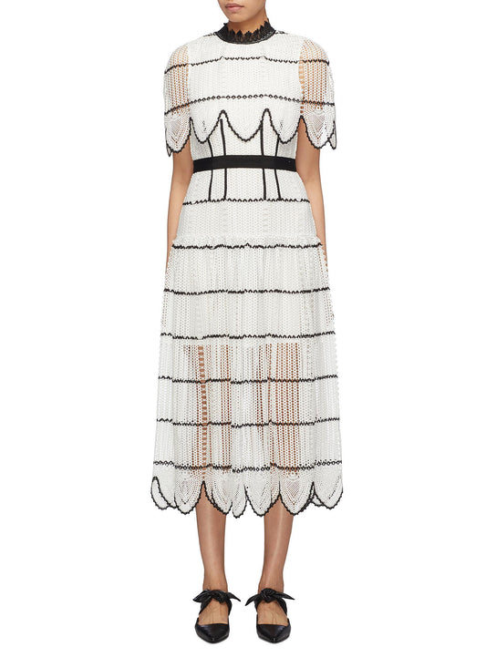 Scalloped cape overlay stripe crochet lace dress - self-portrait - White