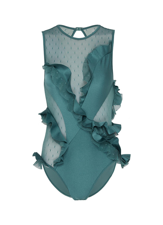 'Veneto' asymmetric ruffle mesh panel one-piece swimsuit