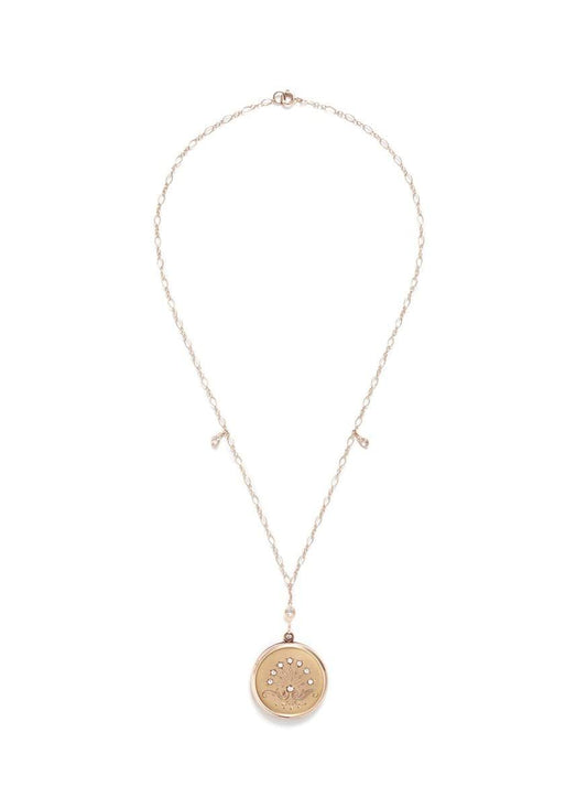 White quartz 14k gold chain round antique locket necklace - Antique Lockets - Metallic